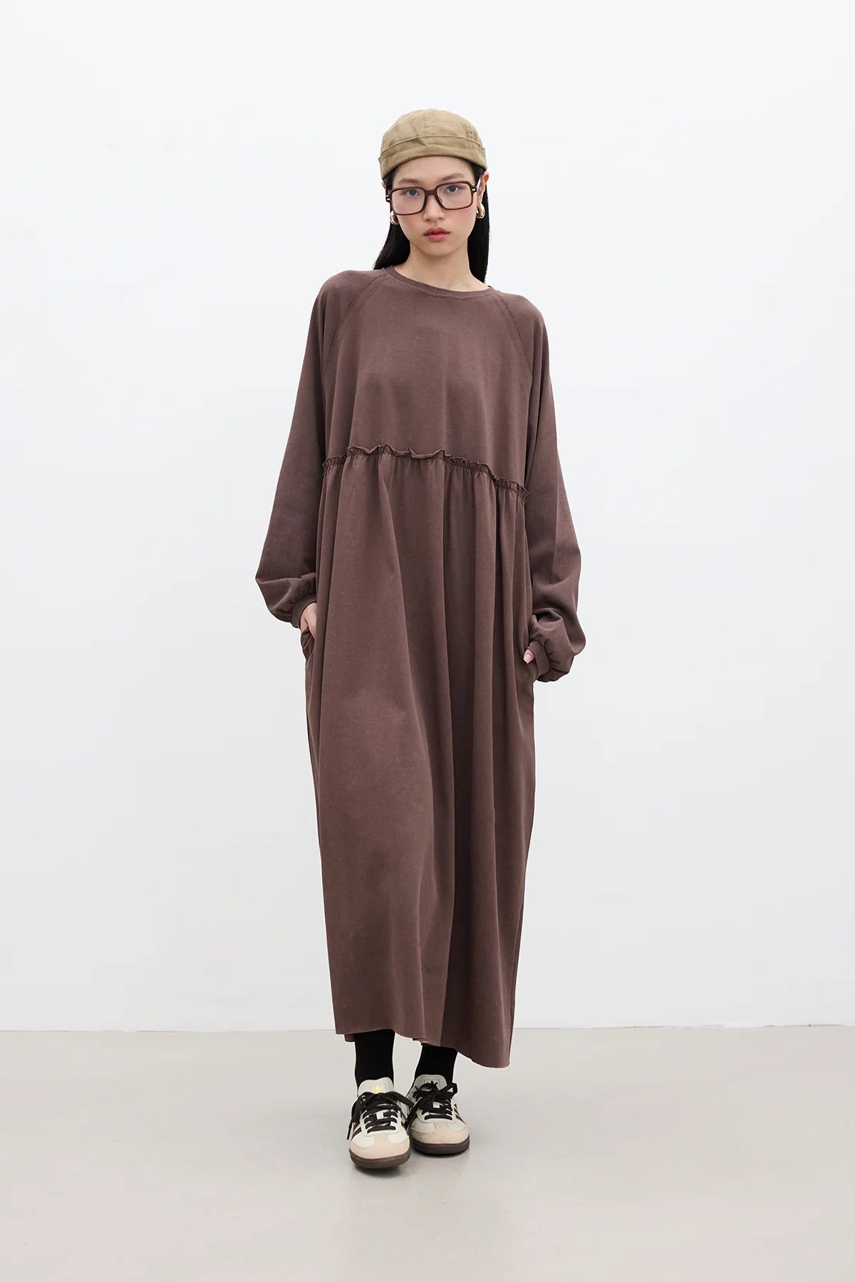 knee length dresses for ladies Oversized Ruched Dress Brown
