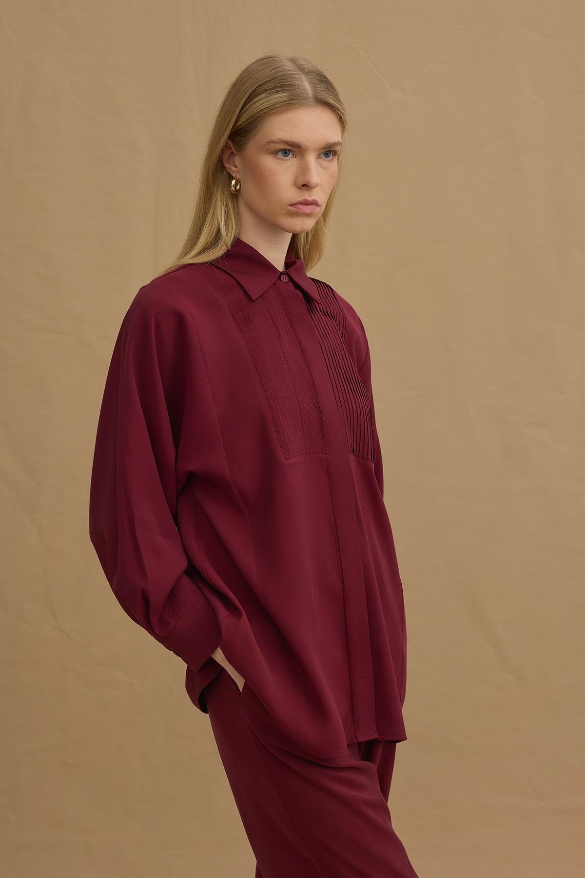 Pin-Tuck Detail Tunic & Palazzo Pants Set Burgundy