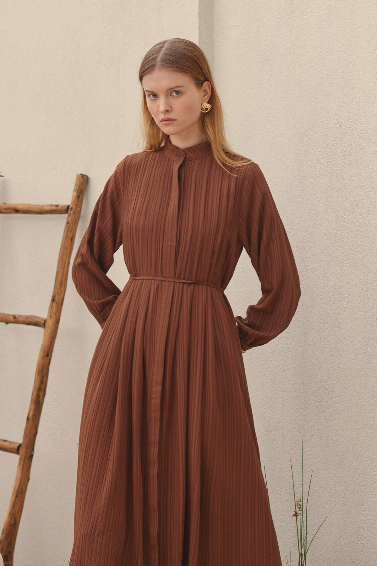 Pleated Linen Shirt Dress Brown