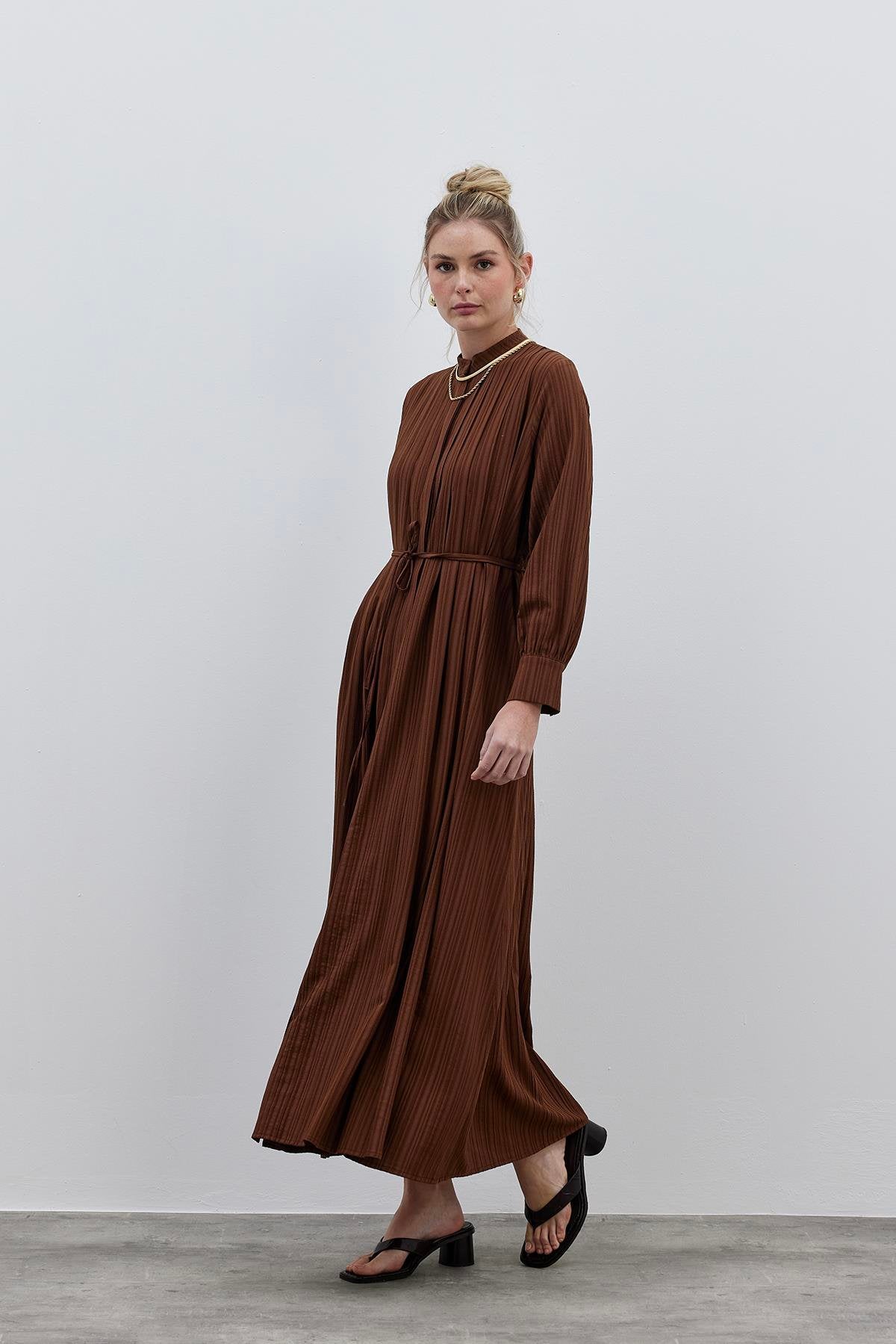 Pleated Linen Shirt Dress Brown