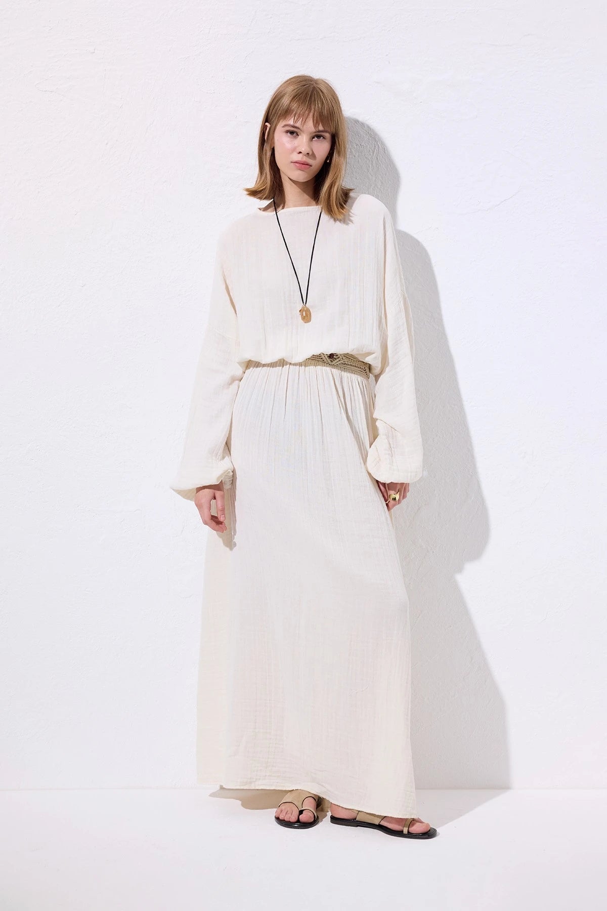 Muslin Gathered Dress Ecru