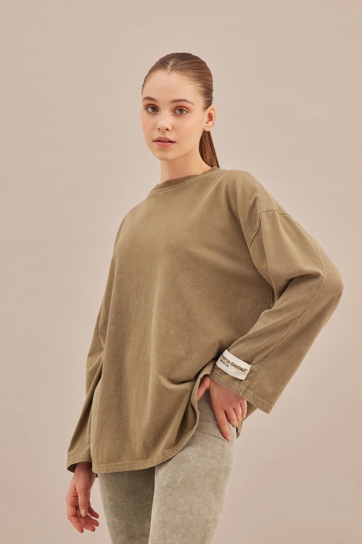 Faded Effect Oversize Sweatshirt Khaki