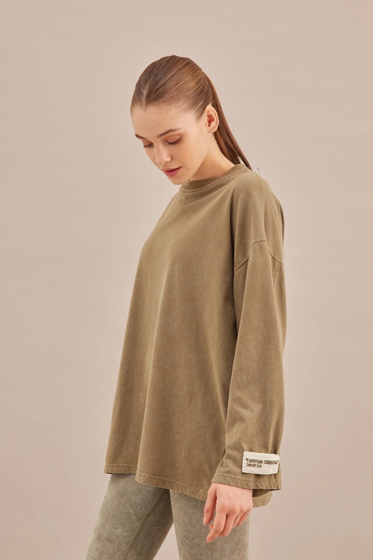 Faded Effect Oversize Sweatshirt Khaki