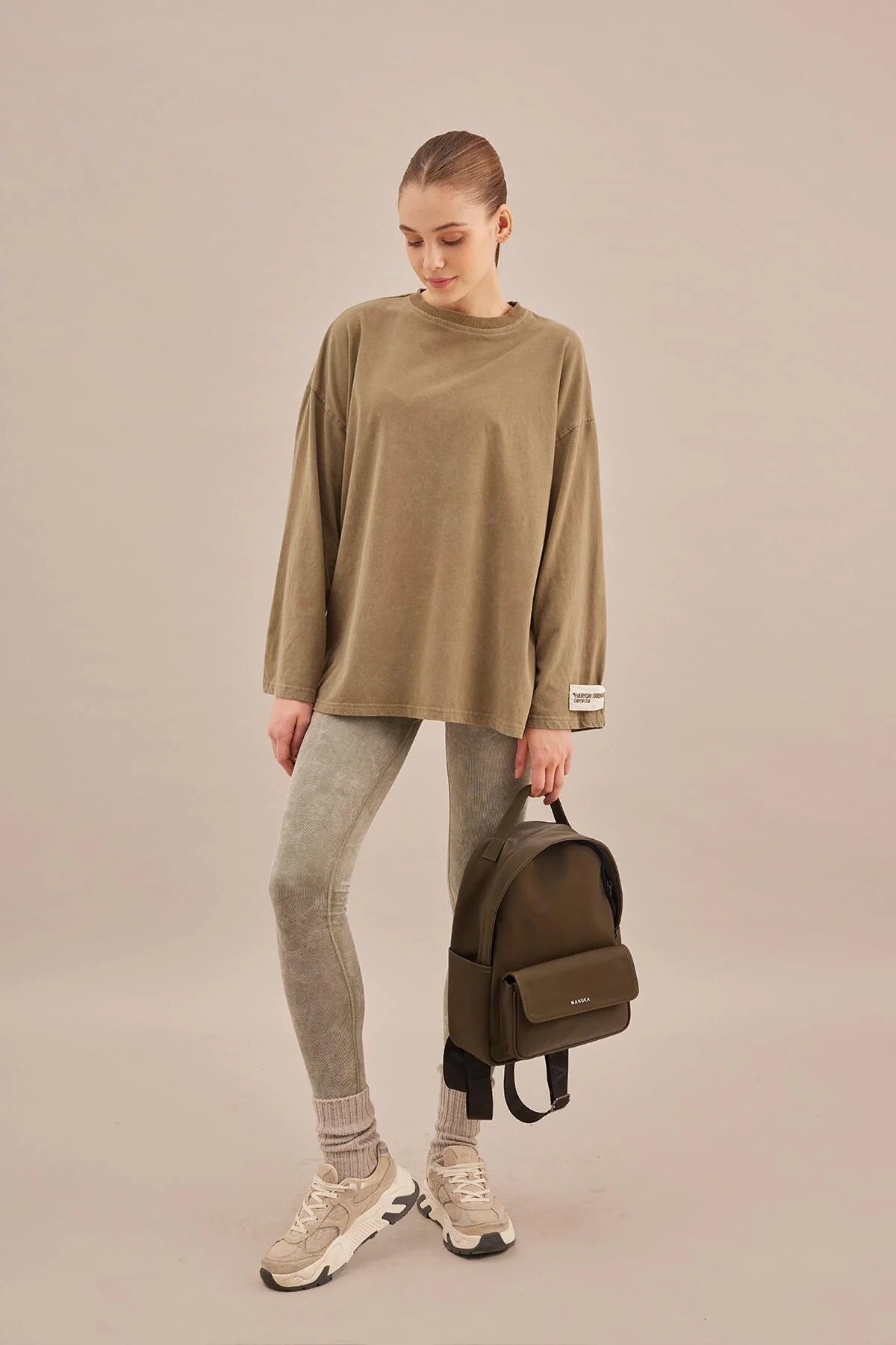 Faded Effect Oversize Sweatshirt Khaki