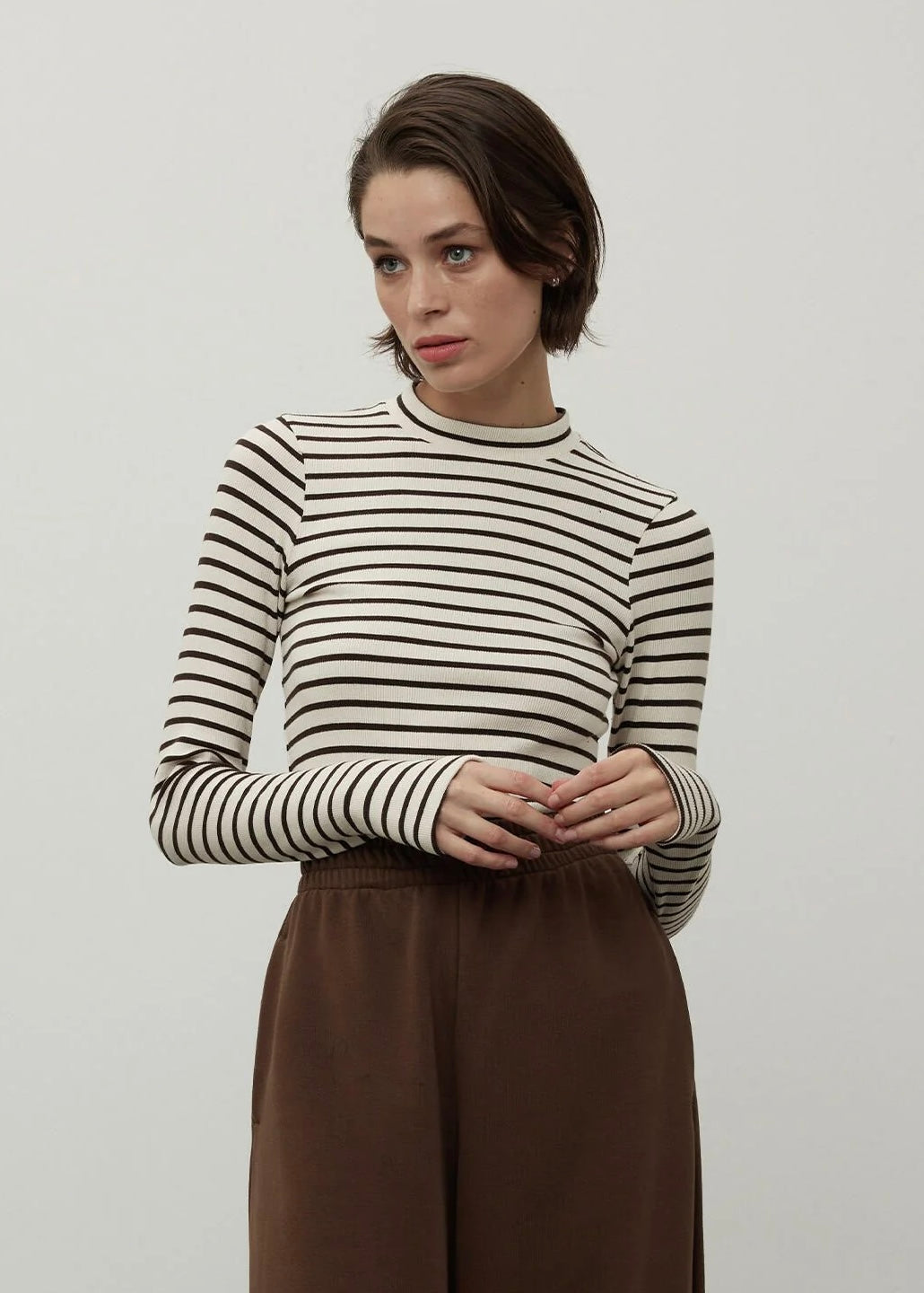 Striped Finger Sleeve Bodysuit Brown