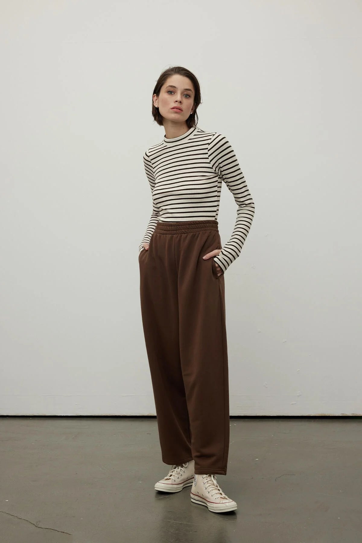 Striped Finger Sleeve Bodysuit Brown