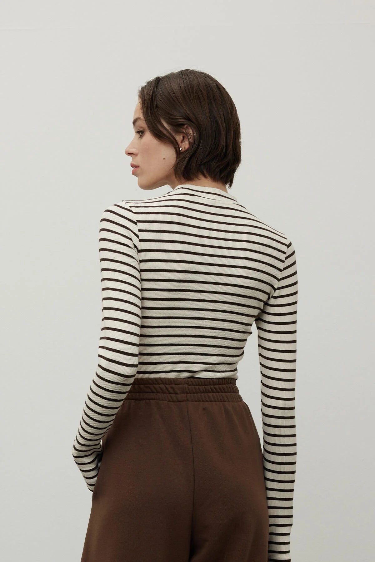 Striped Finger Sleeve Bodysuit Brown