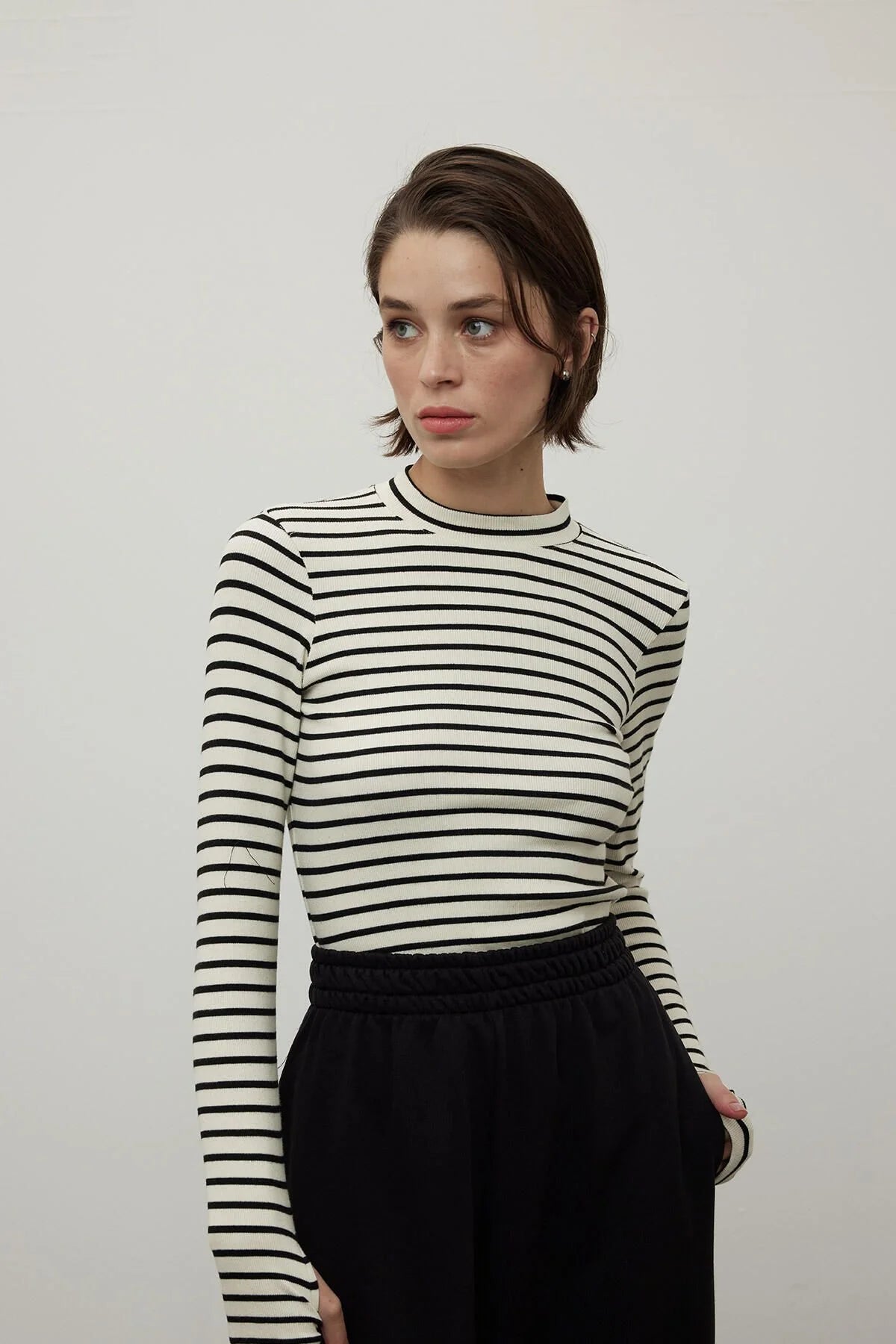 Striped Finger Sleeve Bodysuit Black