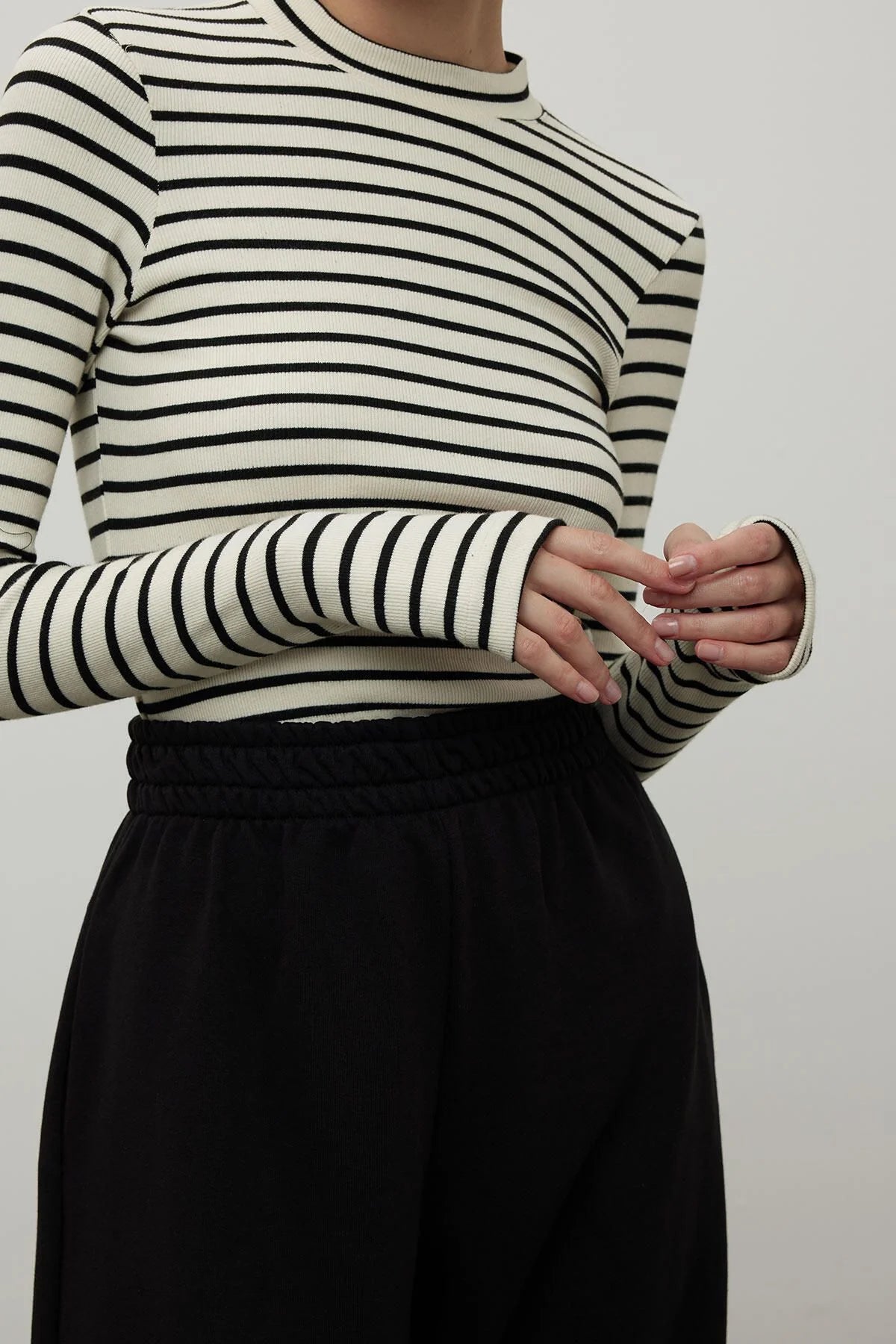 Striped Finger Sleeve Bodysuit Black