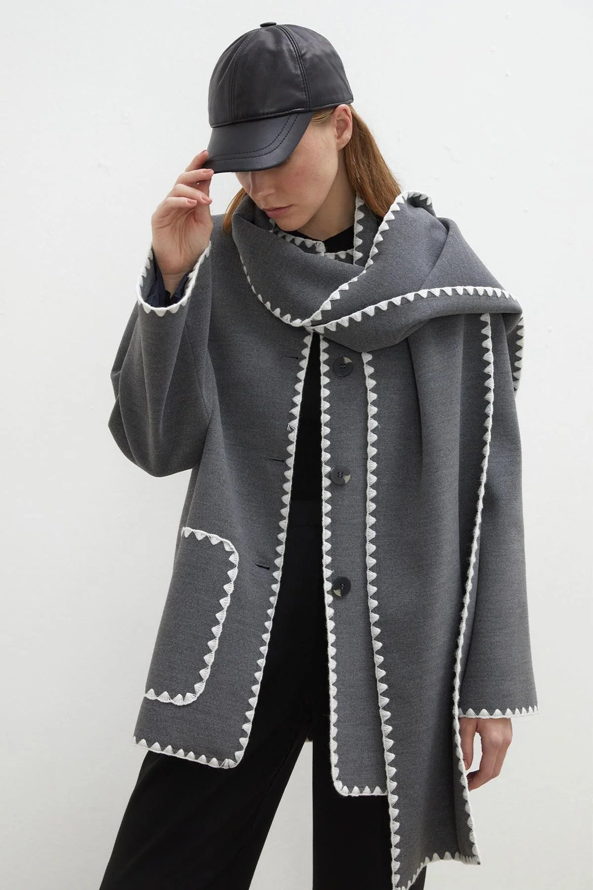 Maya Embroidered Wool Coat Anthracite