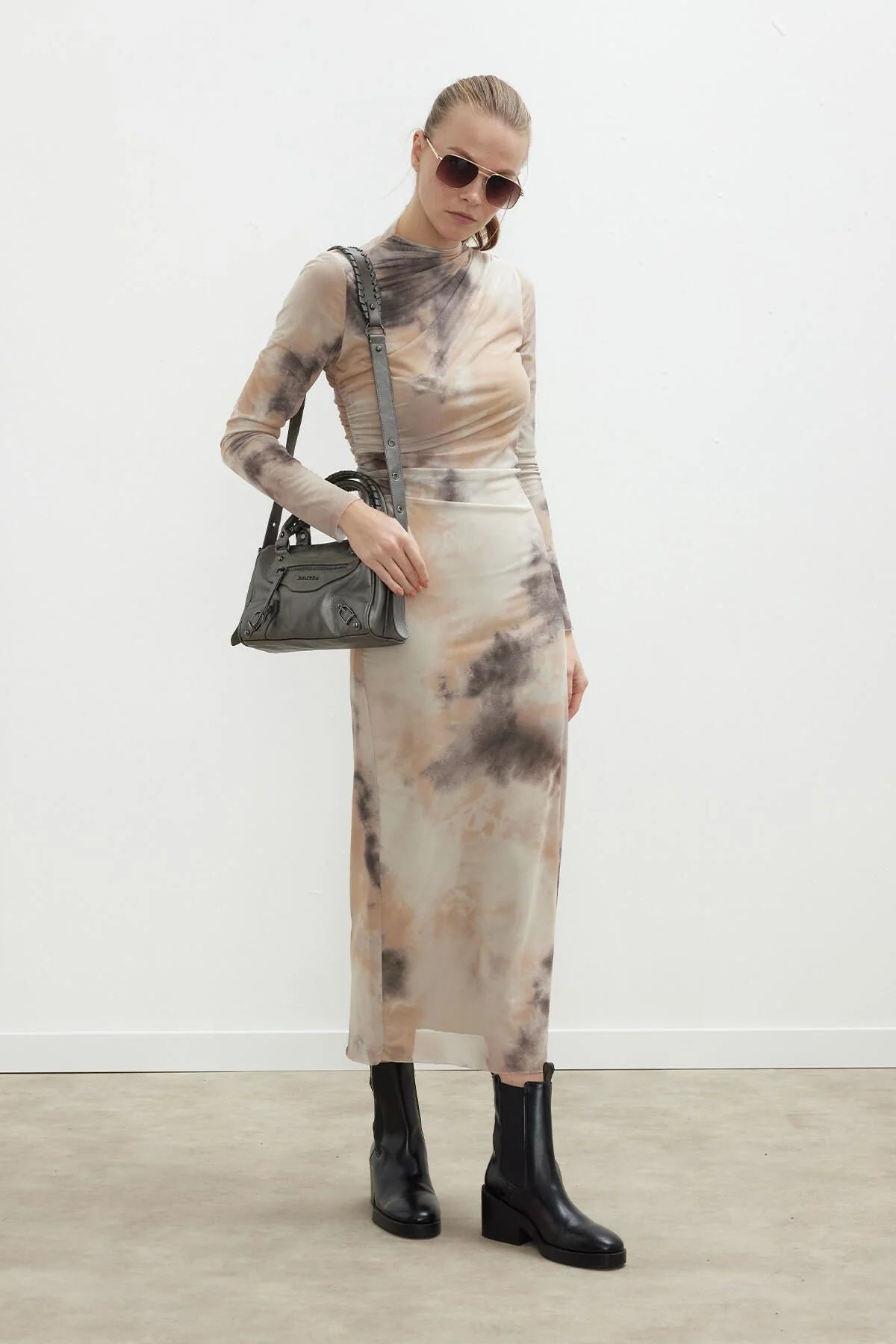 Patterned Tulle Dress Camel