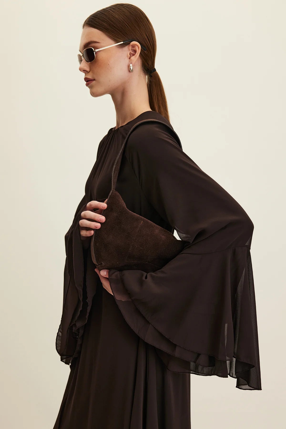Ruffled Chiffon Dress Brown
