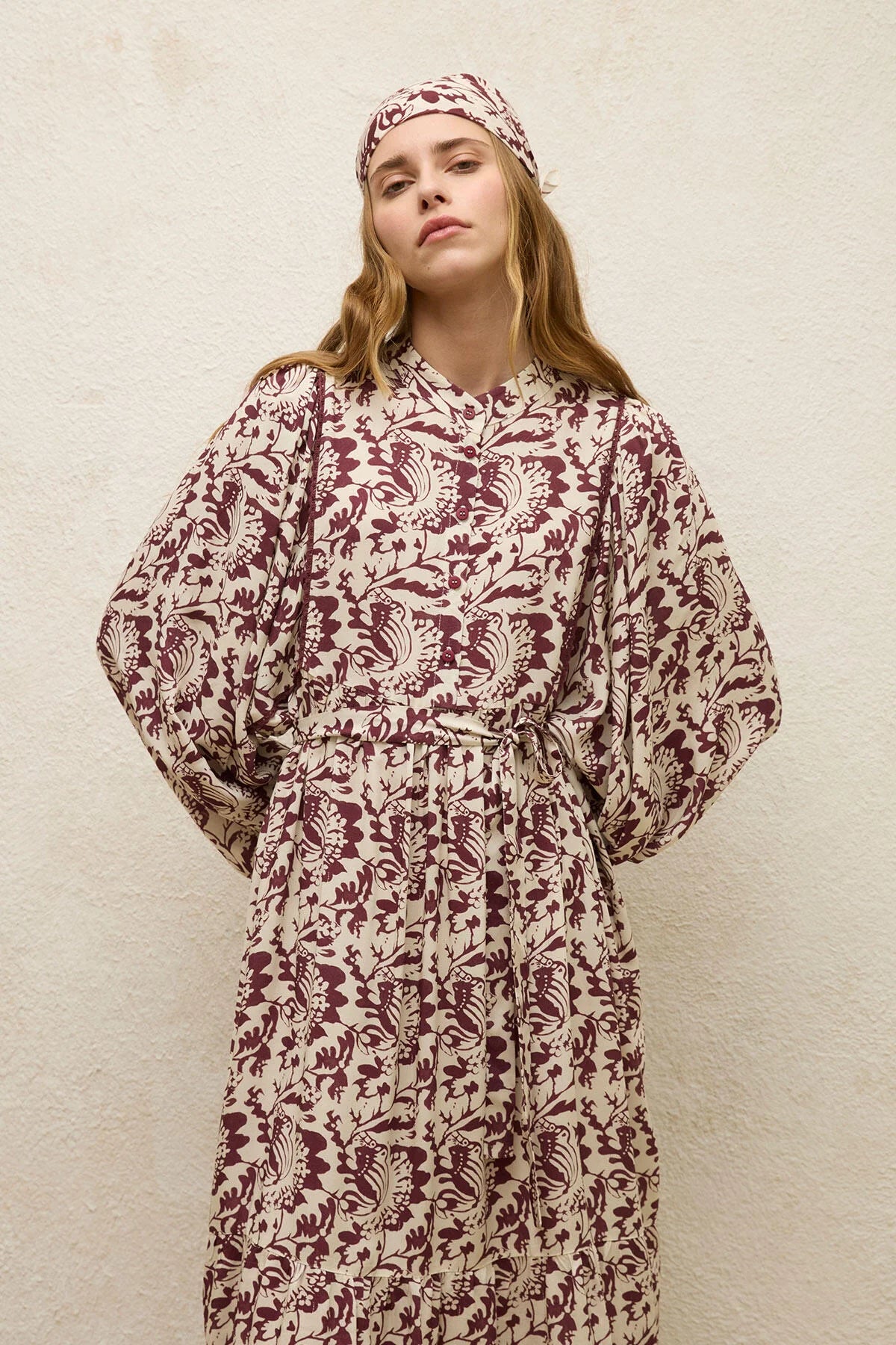 Viscose Balloon Sleeve Dress Burgundy