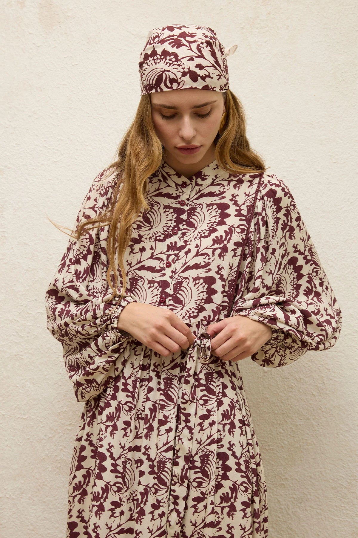 Viscose Balloon Sleeve Dress Burgundy