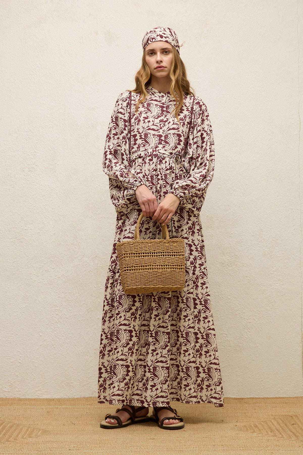 Viscose Balloon Sleeve Dress Burgundy