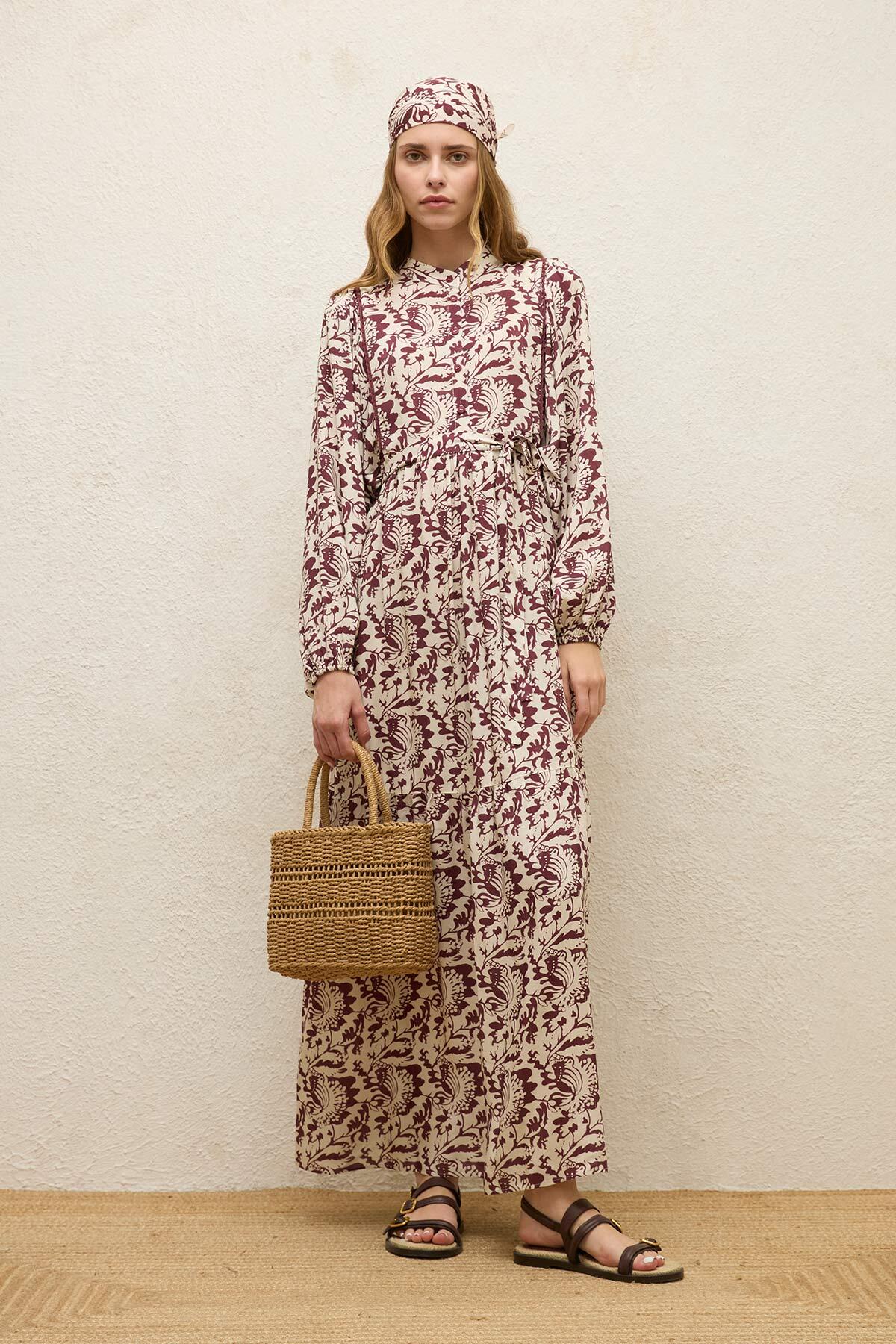 Viscose Balloon Sleeve Dress Burgundy