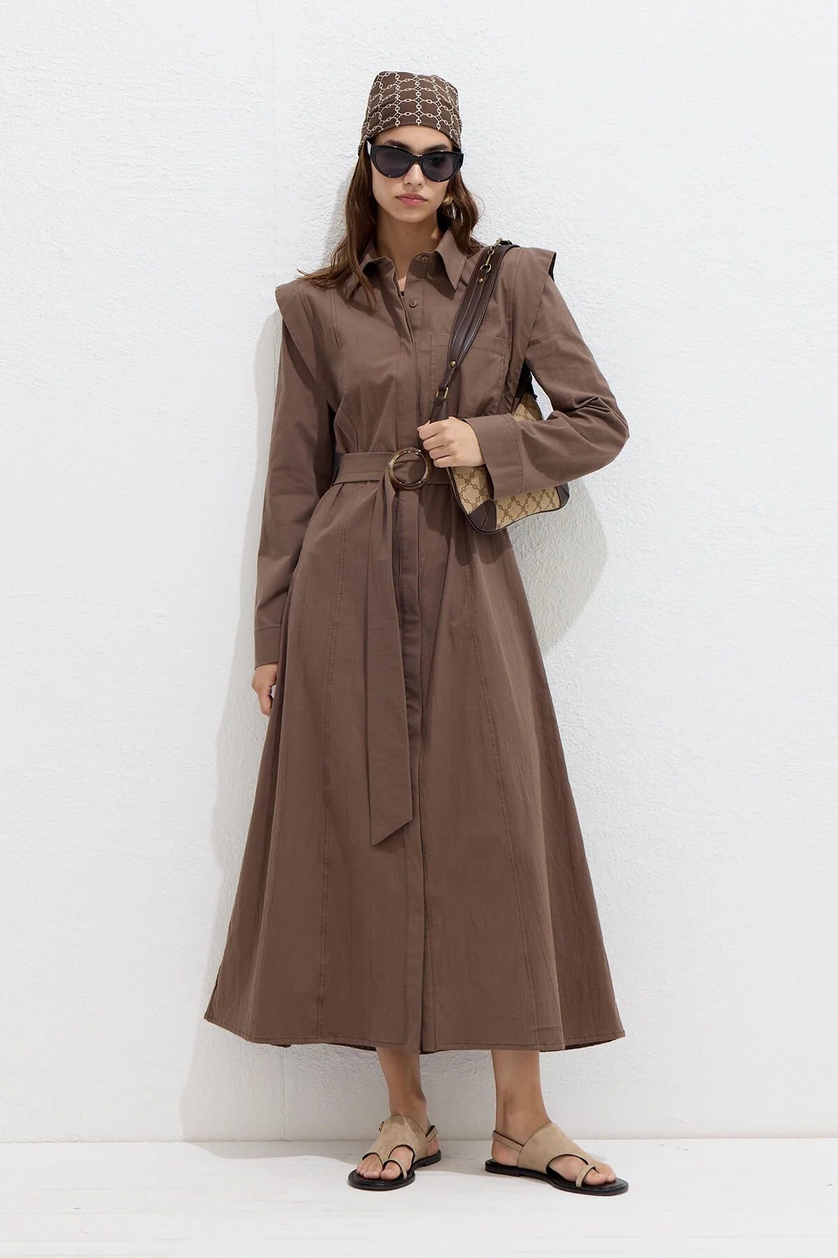 Belted Long Sleeve Dress Brown