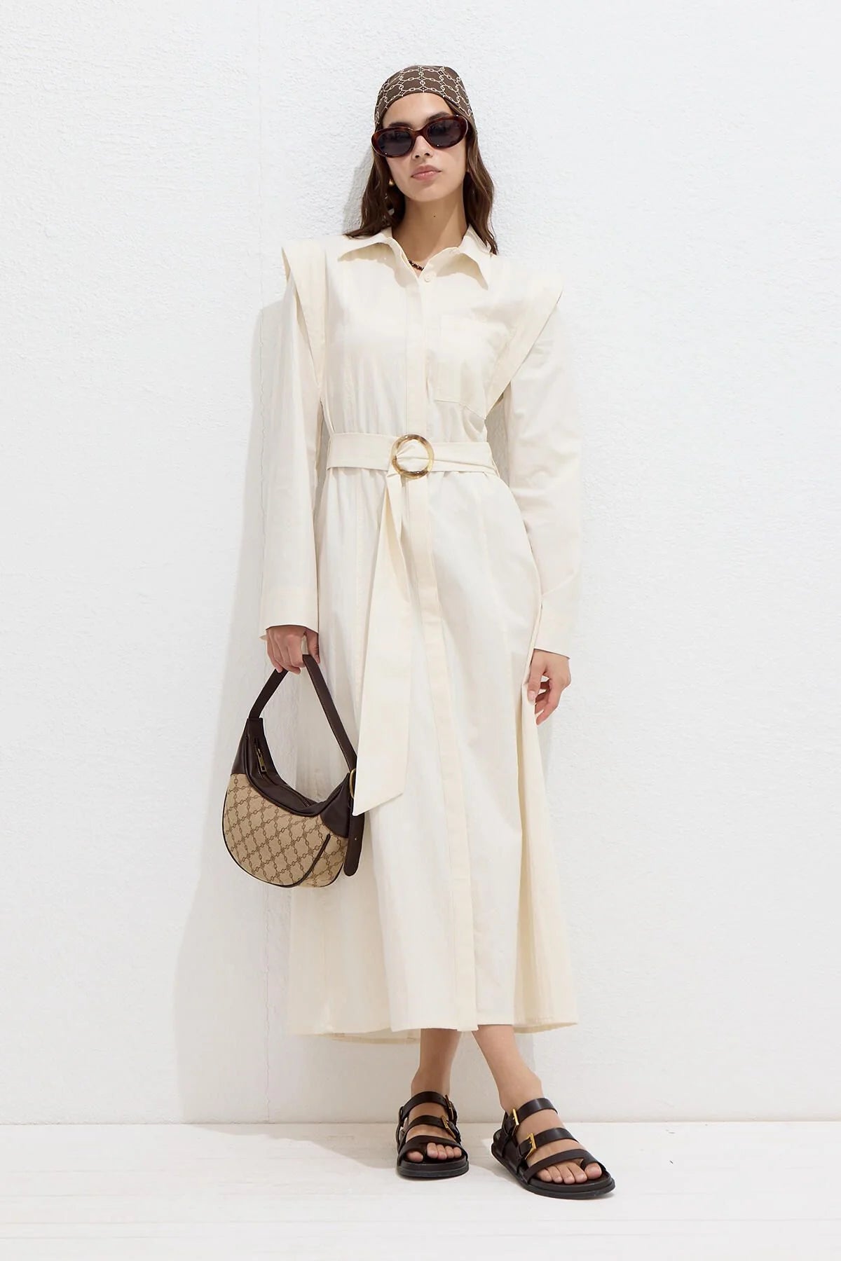 Belted Long Sleeve Dress Natural