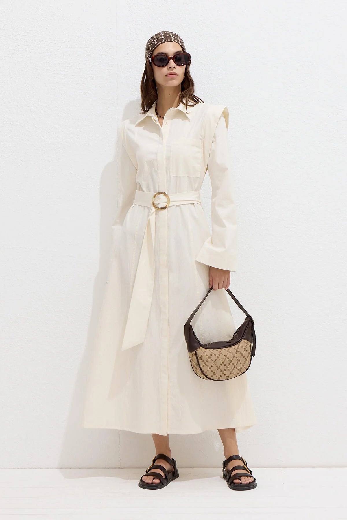 Belted Long Sleeve Dress Natural