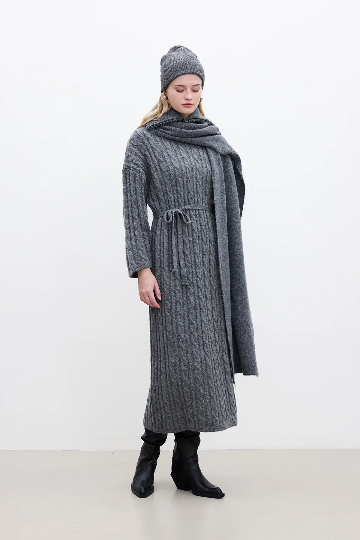 Cable Knit Sweater Dress Anthracite