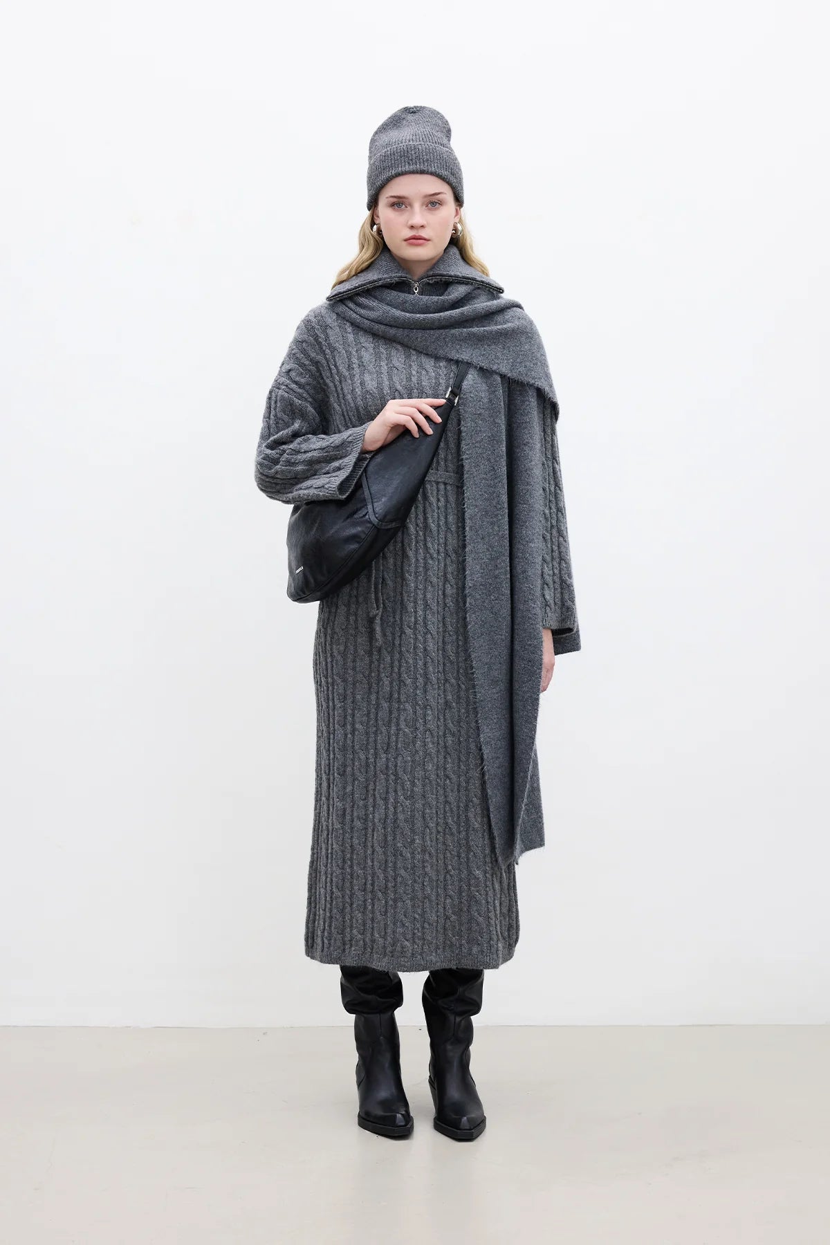 Cable Knit Sweater Dress Anthracite