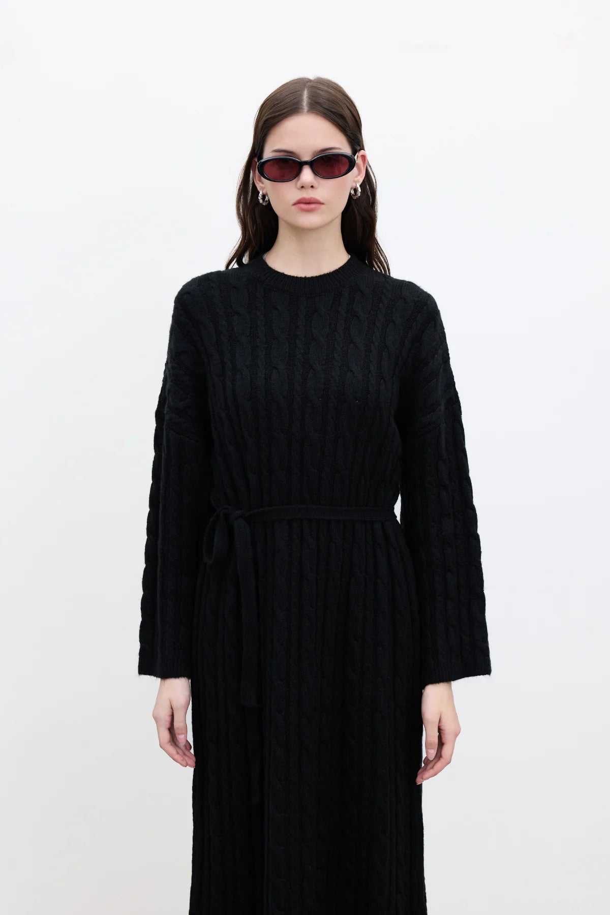 Cable Knit Sweater Dress Black