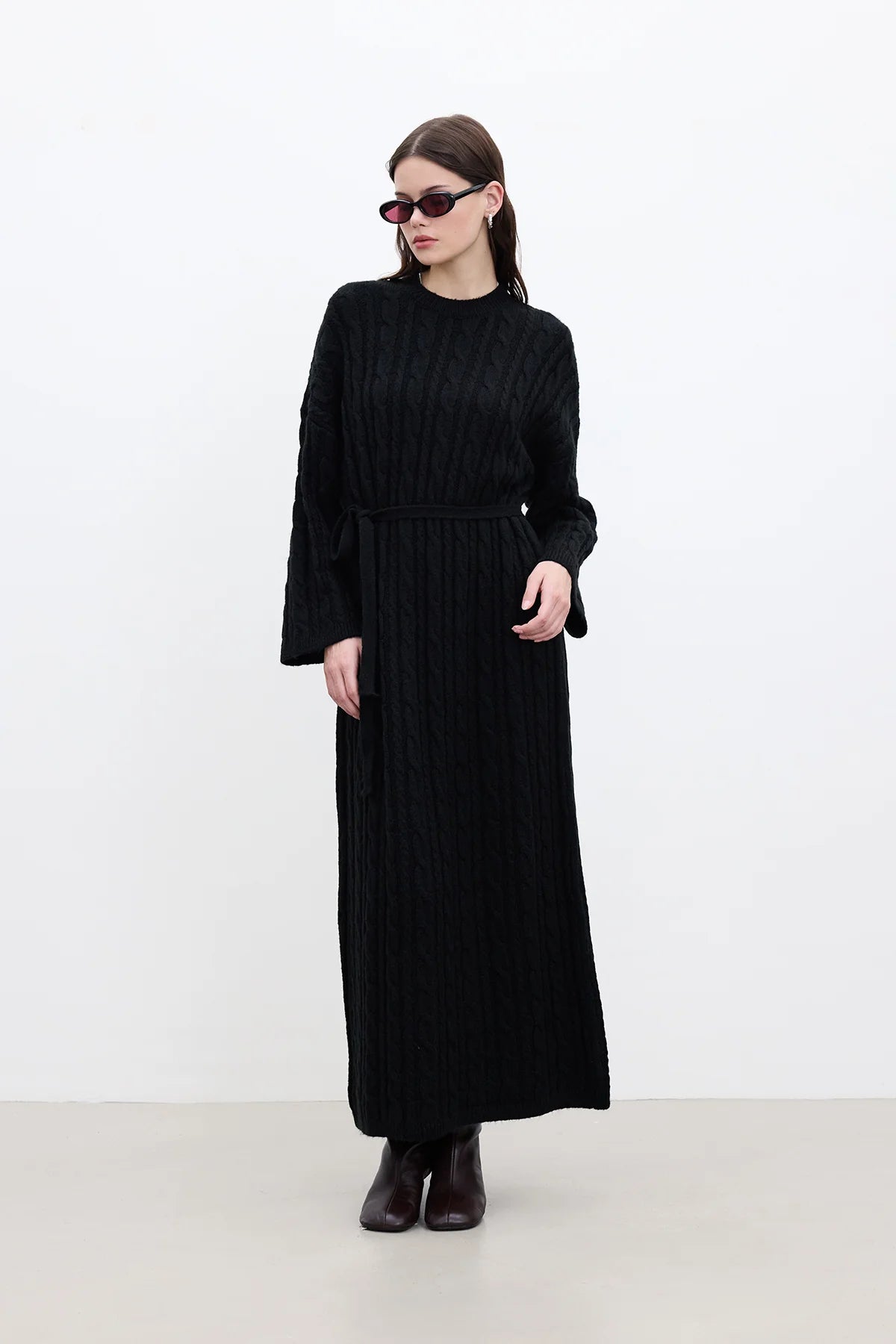 Cable Knit Sweater Dress Black