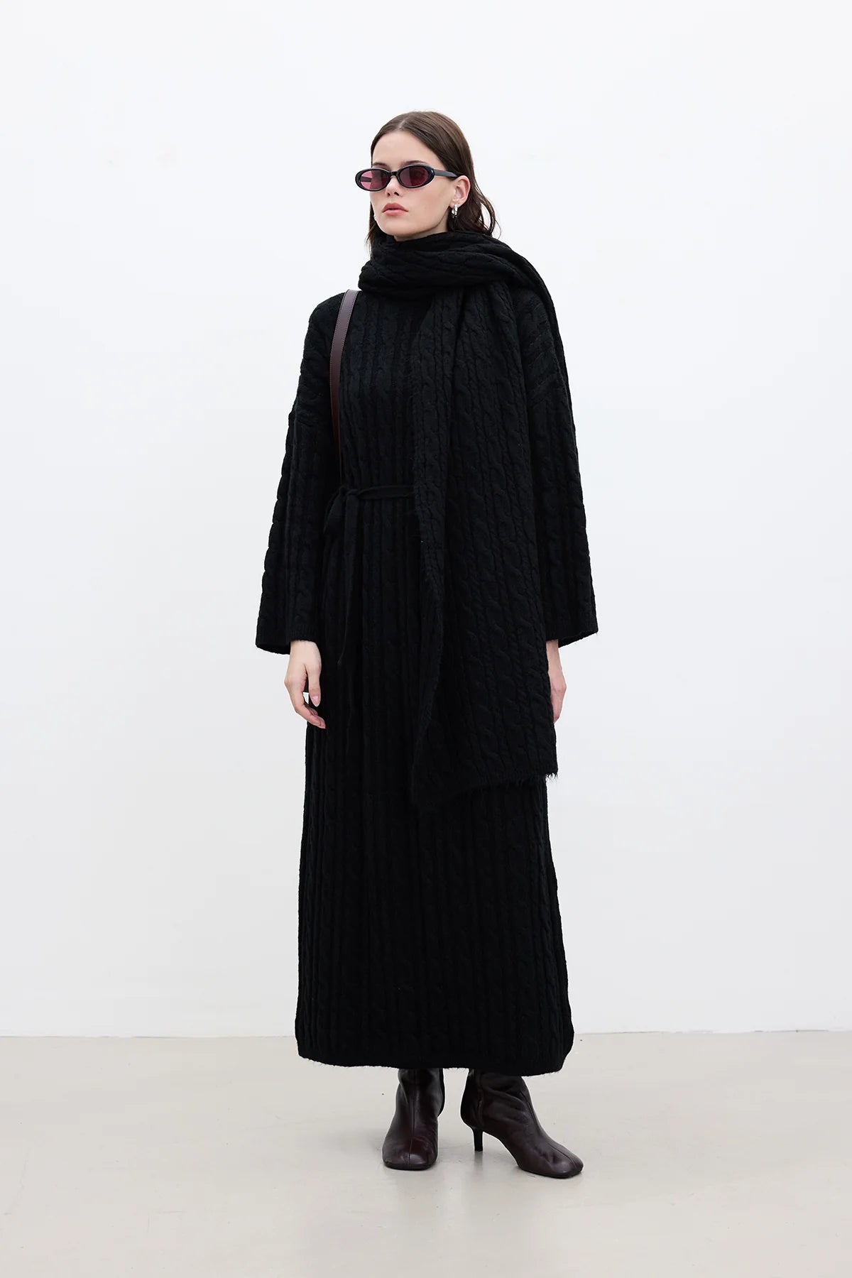 Cable Knit Sweater Dress Black