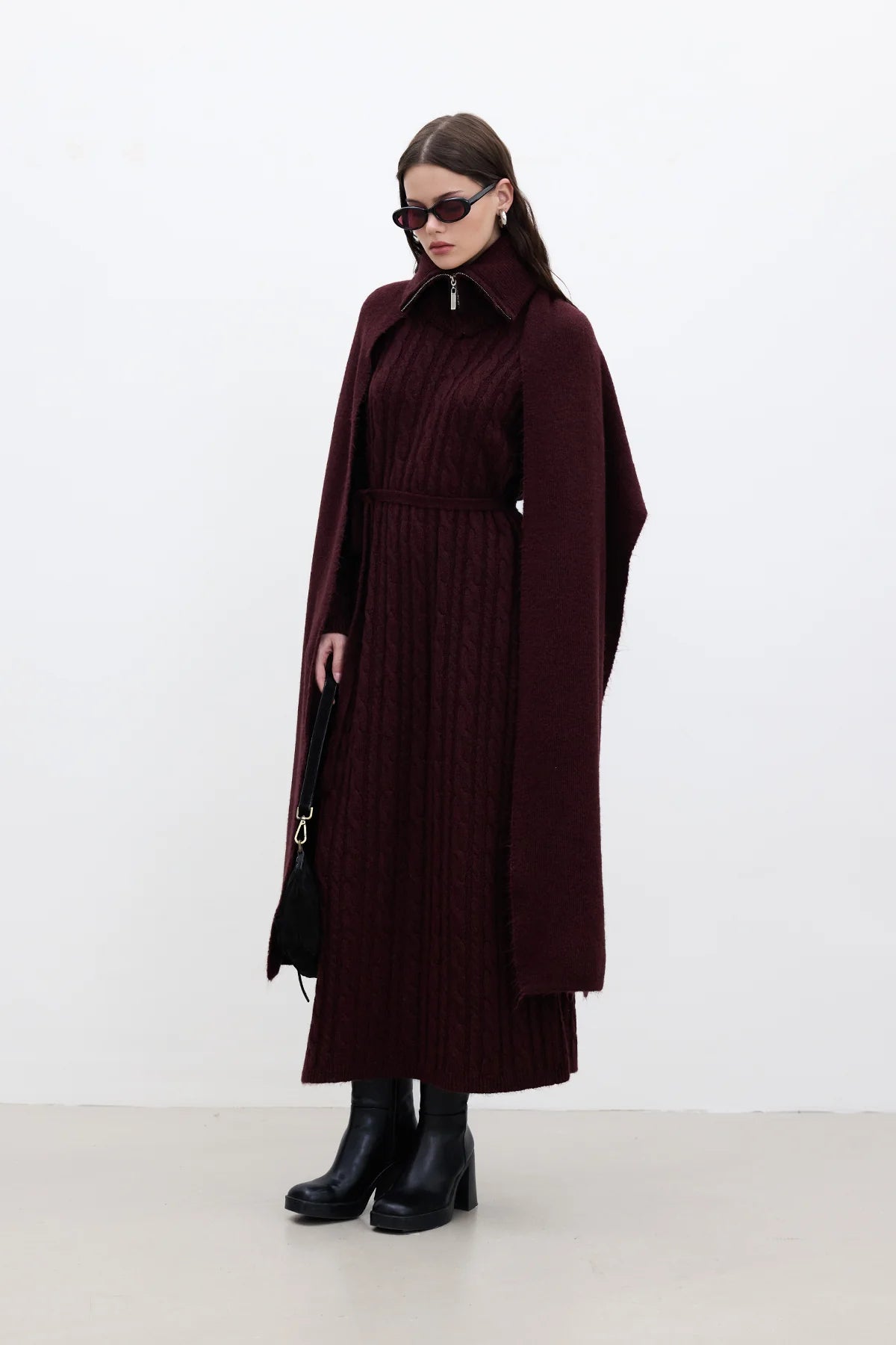Cable Knit Sweater Dress Burgundy