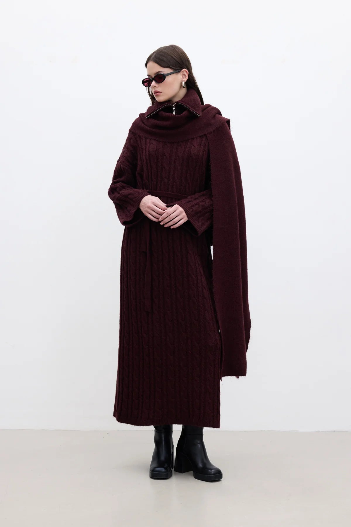Cable Knit Sweater Dress Burgundy