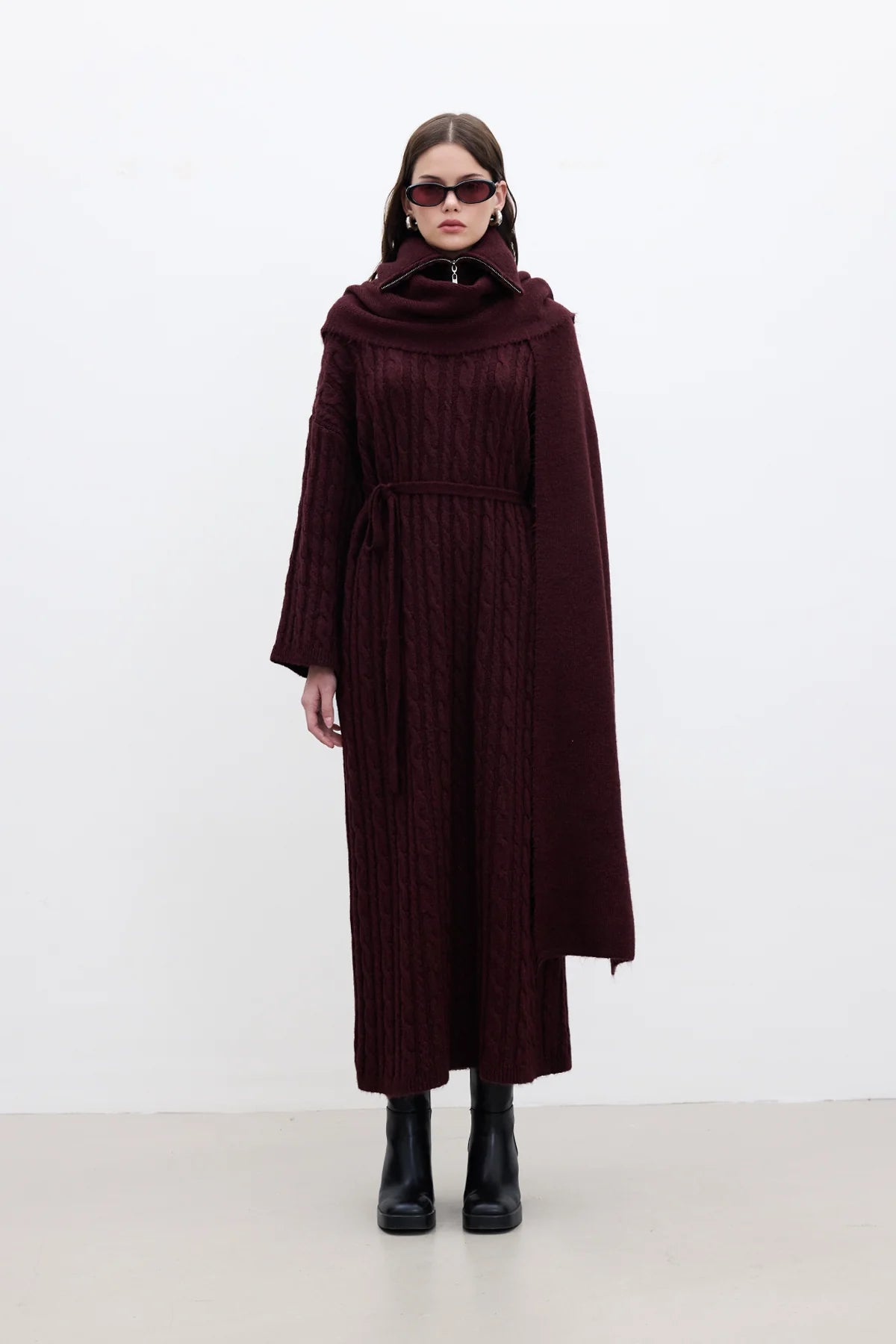 Cable Knit Sweater Dress Burgundy