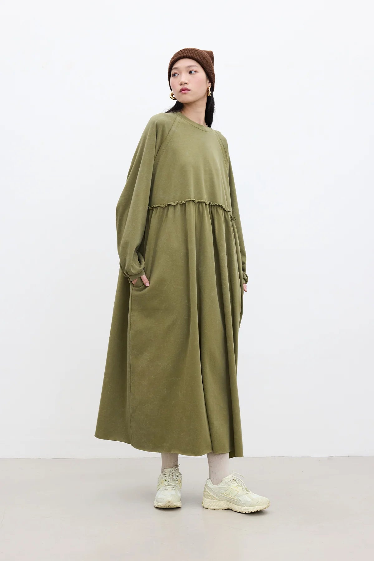 Oversized Ruched Dress Olive Green