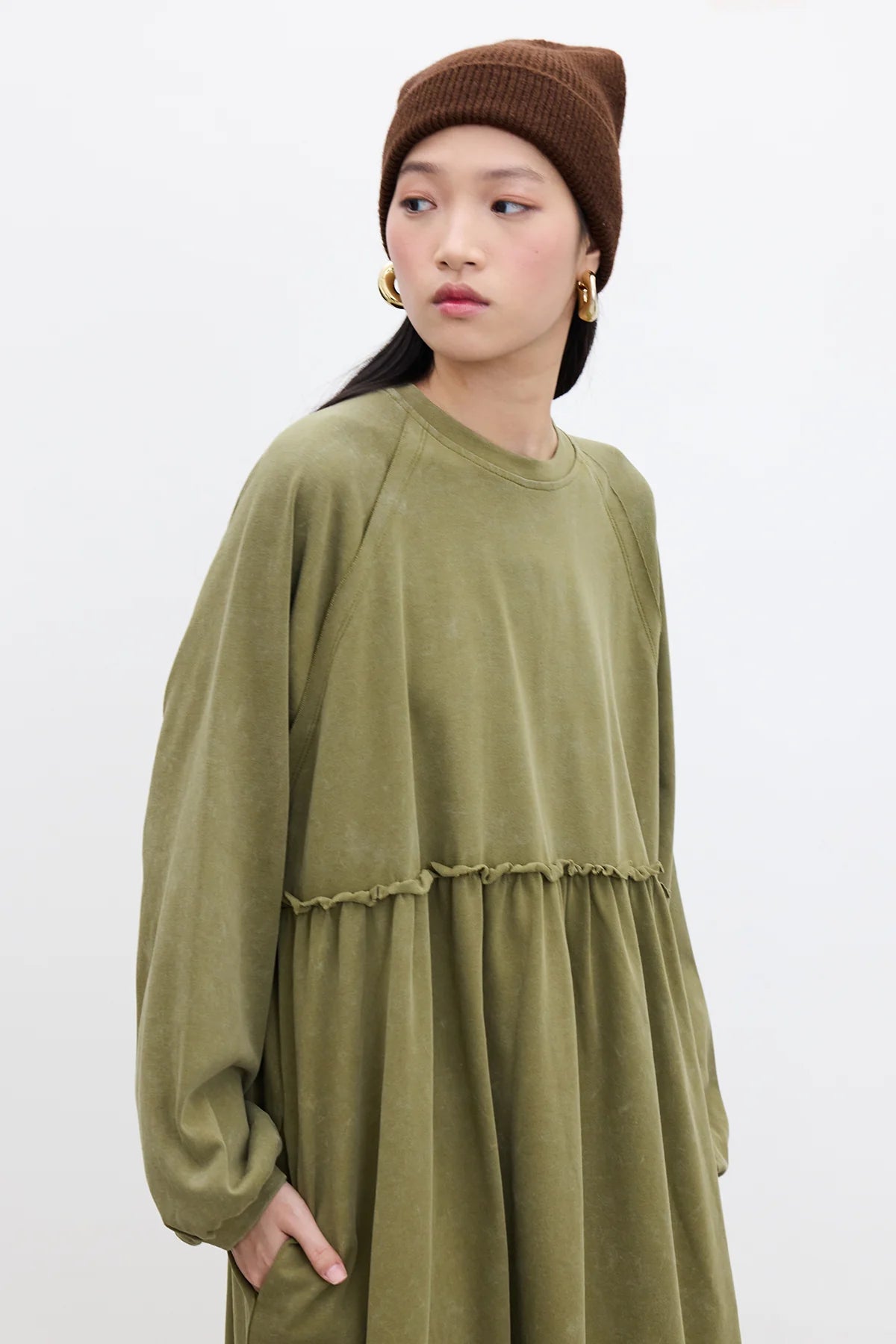 Oversized Ruched Dress Olive Green