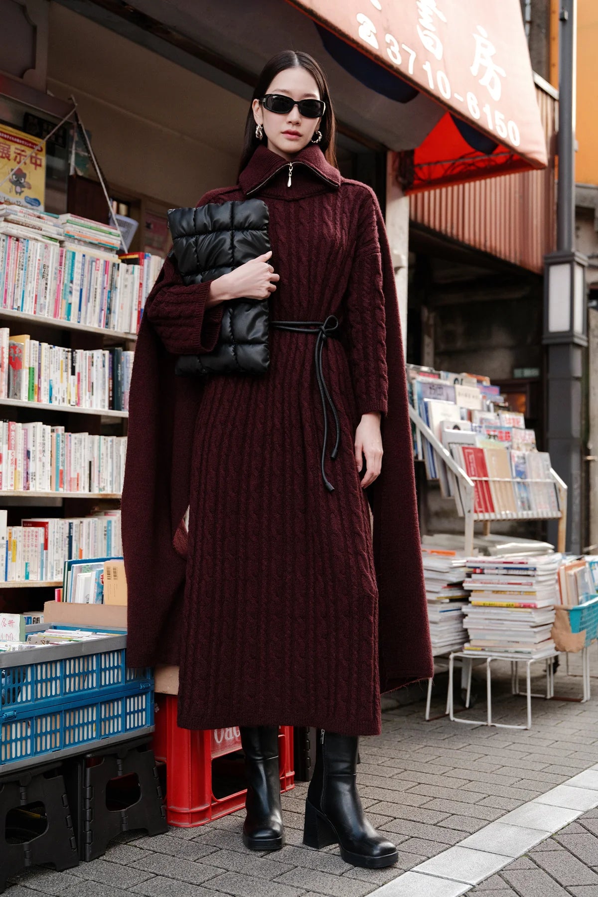 Cable Knit Sweater Dress Burgundy