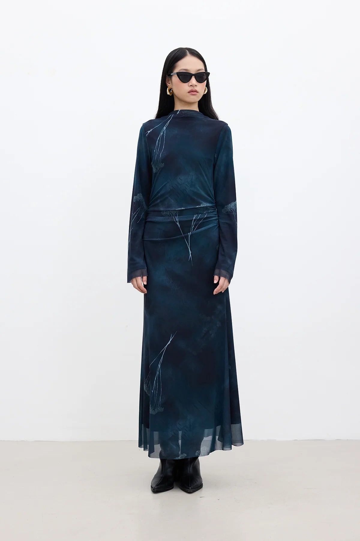 Patterned Wide-Sleeve Tulle Dress Dark Green