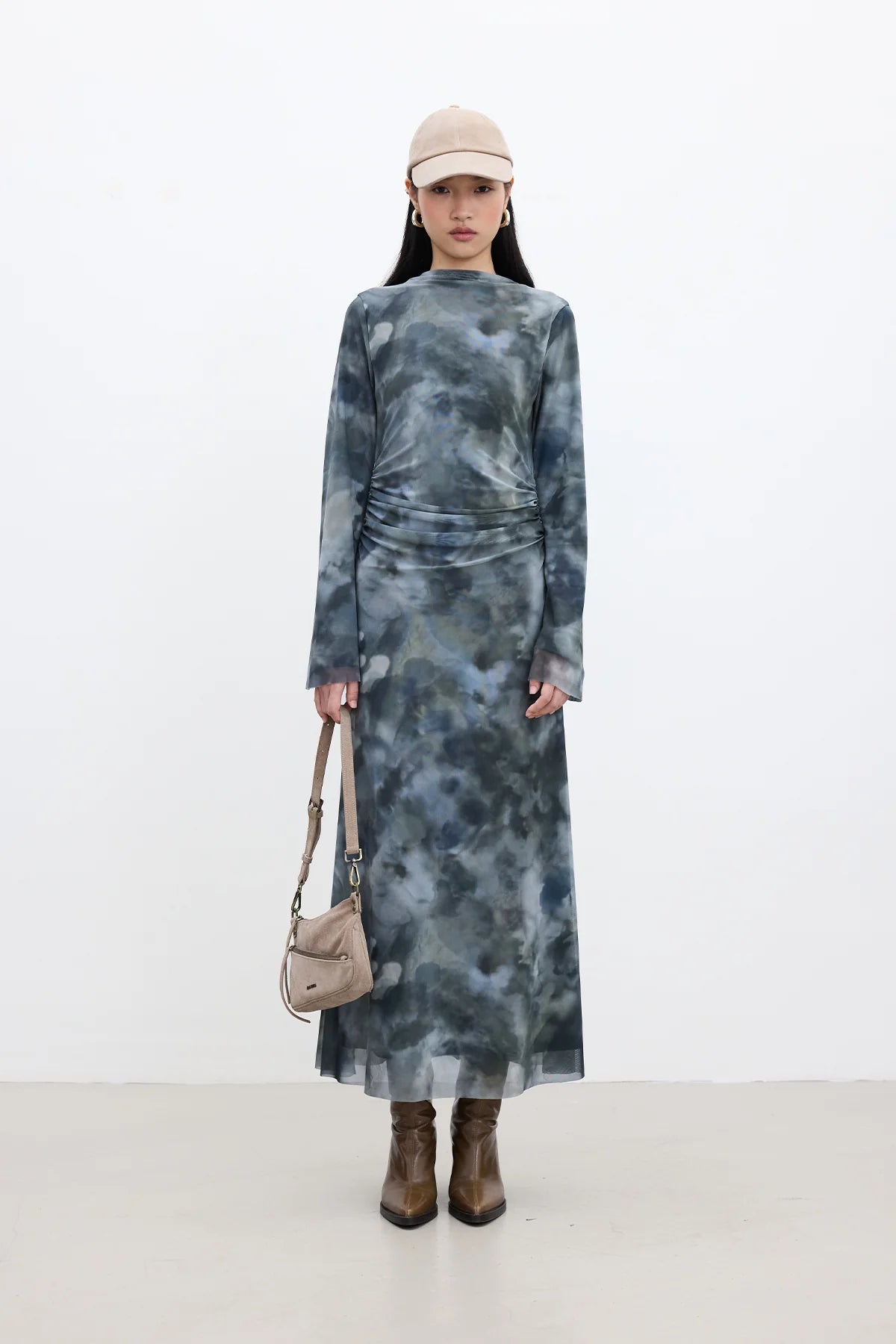 Patterned Wide-Sleeve Tulle Dress Tie Dye Green