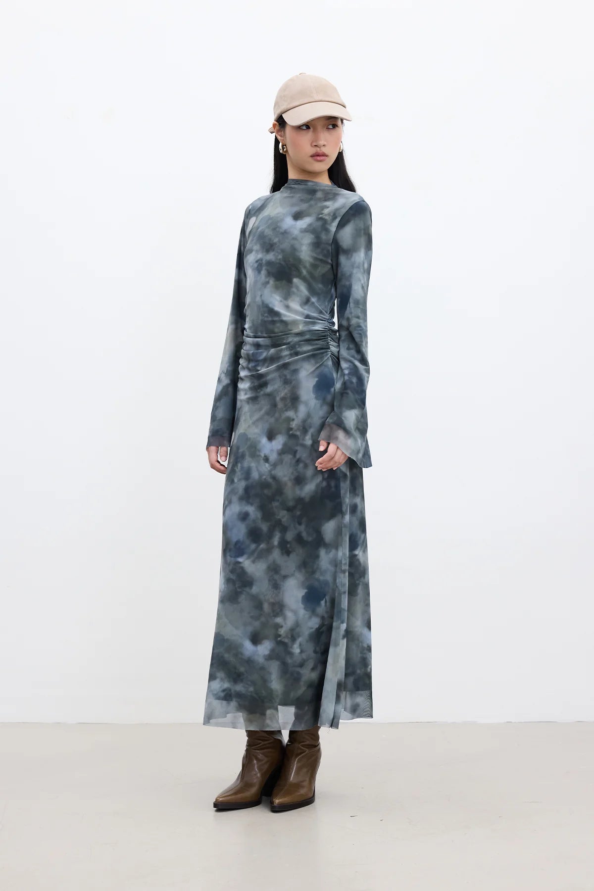 Patterned Wide-Sleeve Tulle Dress Tie Dye Green