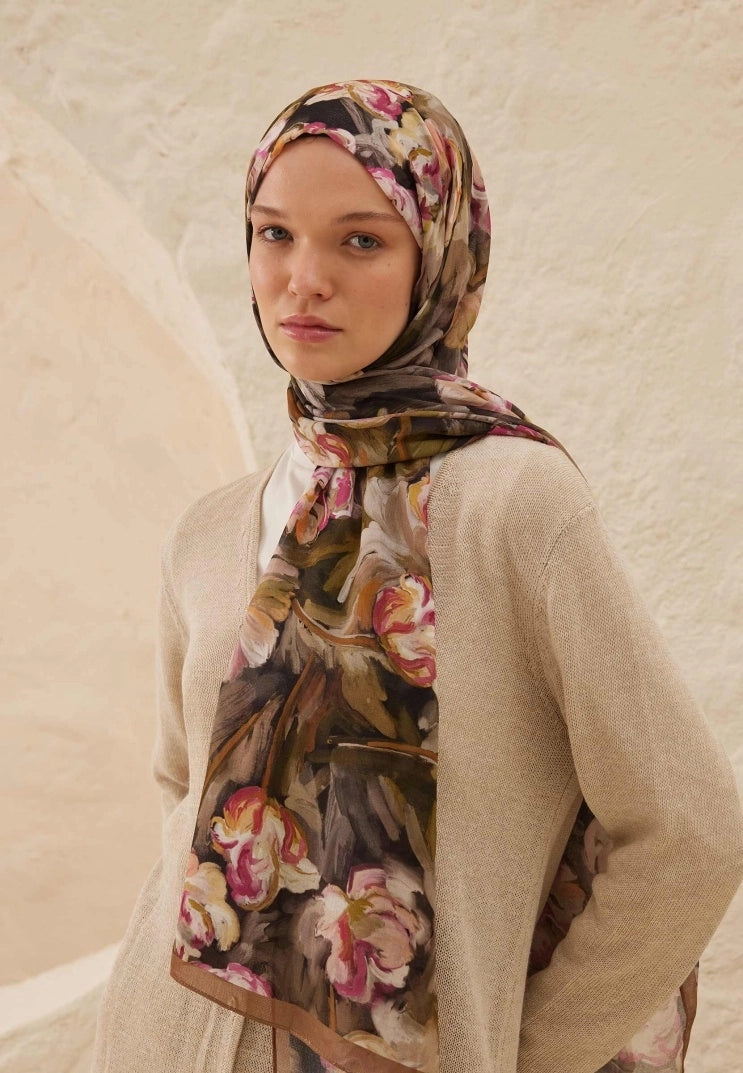 Lavinia Patterned Rami Scarf Brown