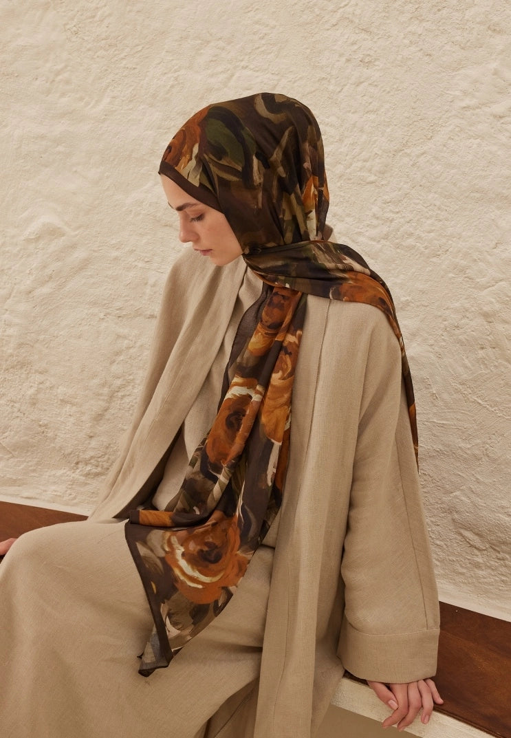 Summer Rose Patterned Rami Scarf Brown