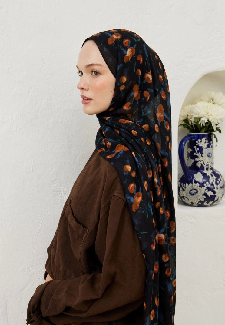 Cherry Patterned Rami Scarf Navy Blue