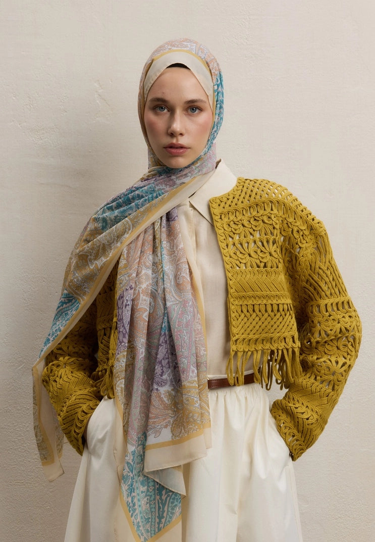 Paisley Patch Silk Crepe Scarf Soft Yellow