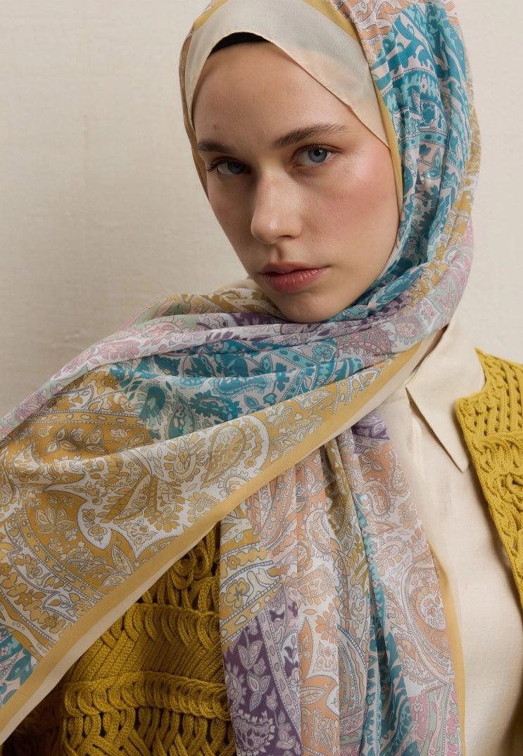 Paisley Patch Silk Crepe Scarf Soft Yellow