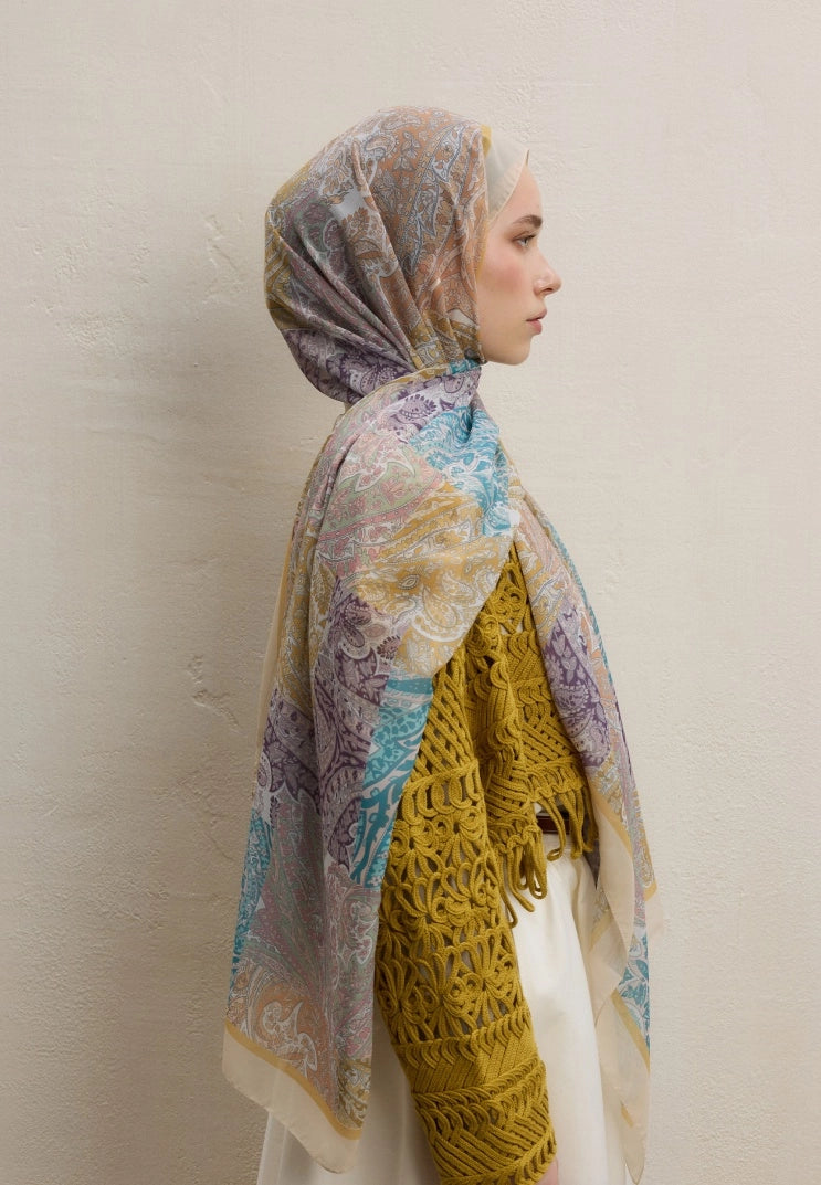 Paisley Patch Silk Crepe Scarf Soft Yellow