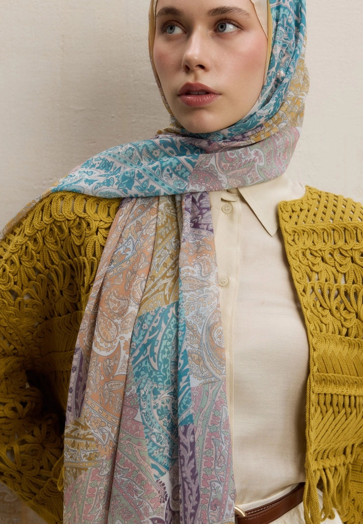 Paisley Patch Silk Crepe Scarf Soft Yellow