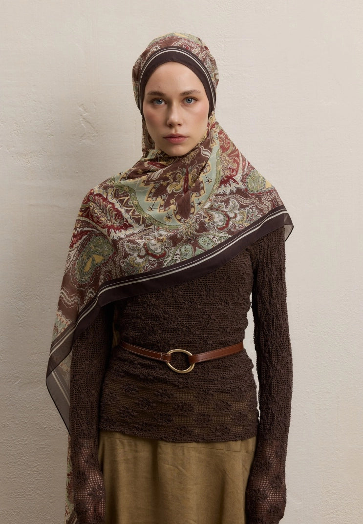 Dark Bohemy Silk Crepe Scarf Coffee