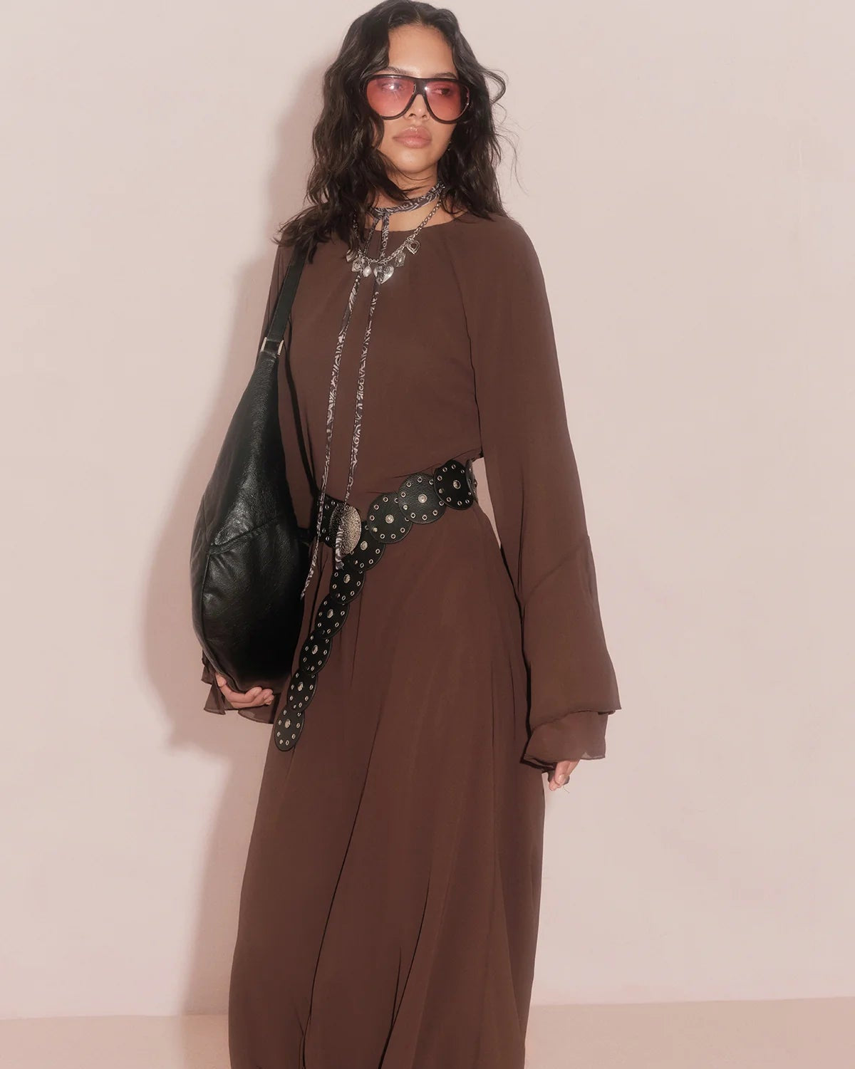 Ruffled Chiffon Dress Brown