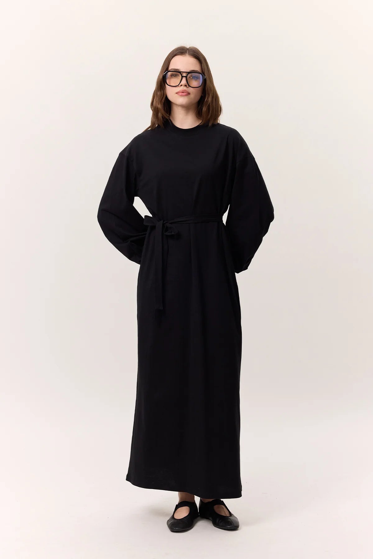 Balloon Sleeve Cotton Dress Black