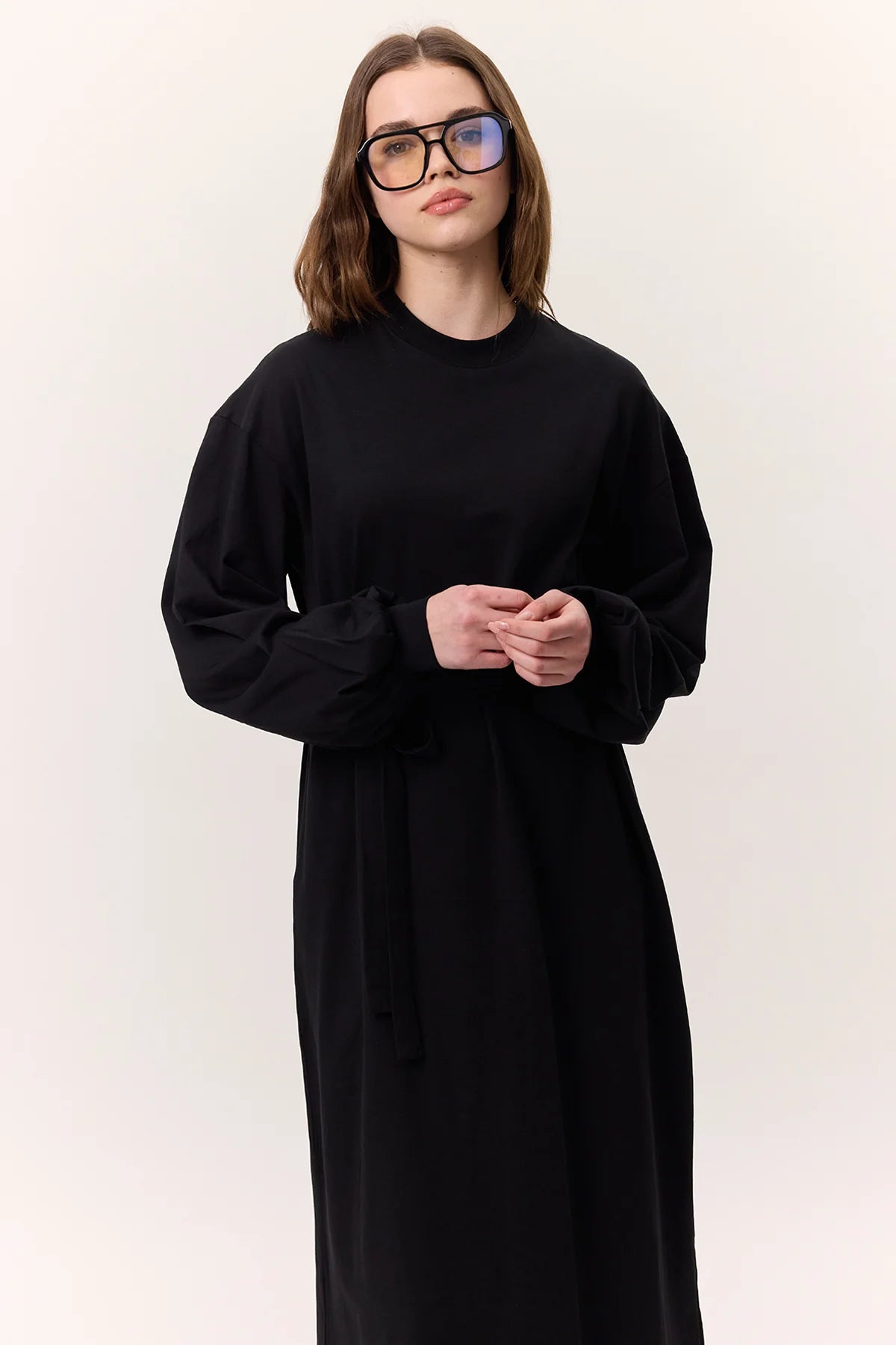 Balloon Sleeve Cotton Dress Black