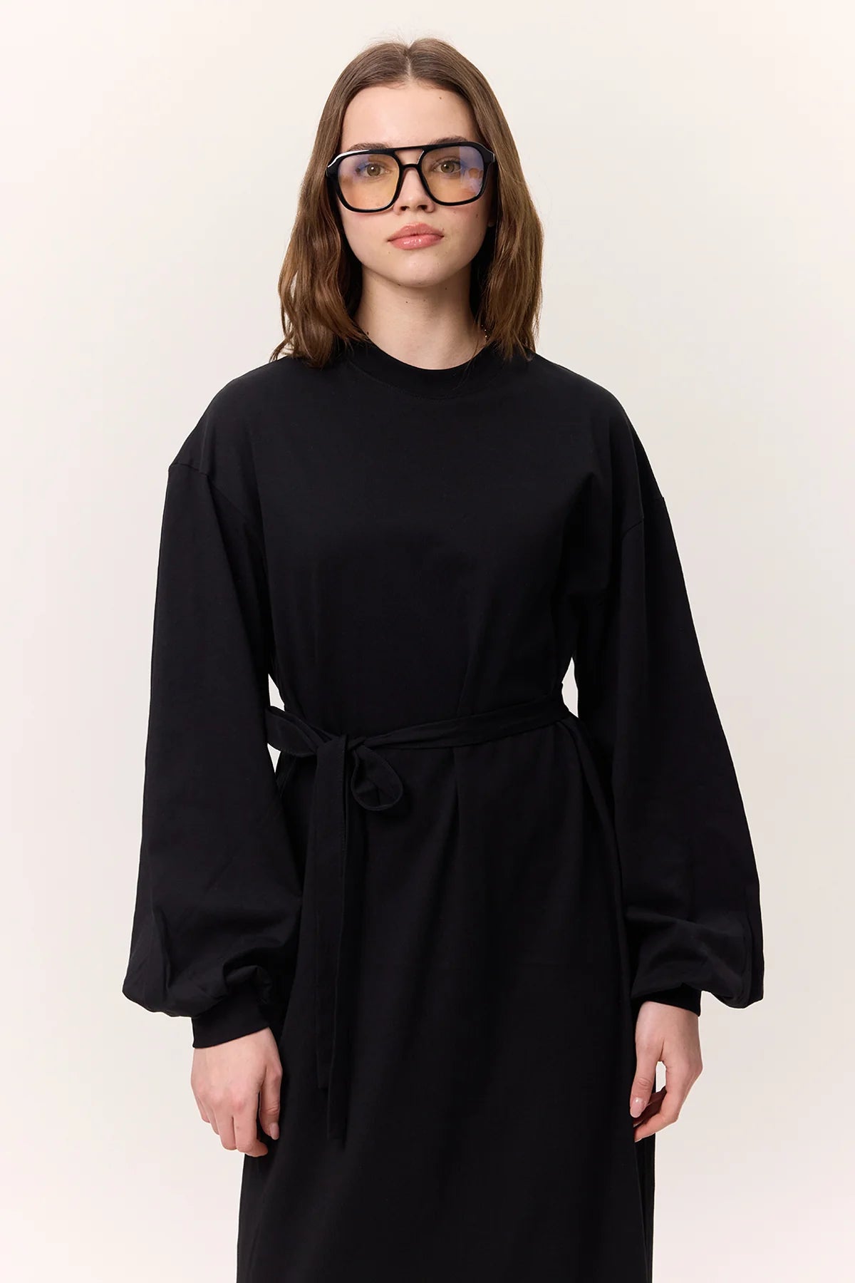 Balloon Sleeve Cotton Dress Black