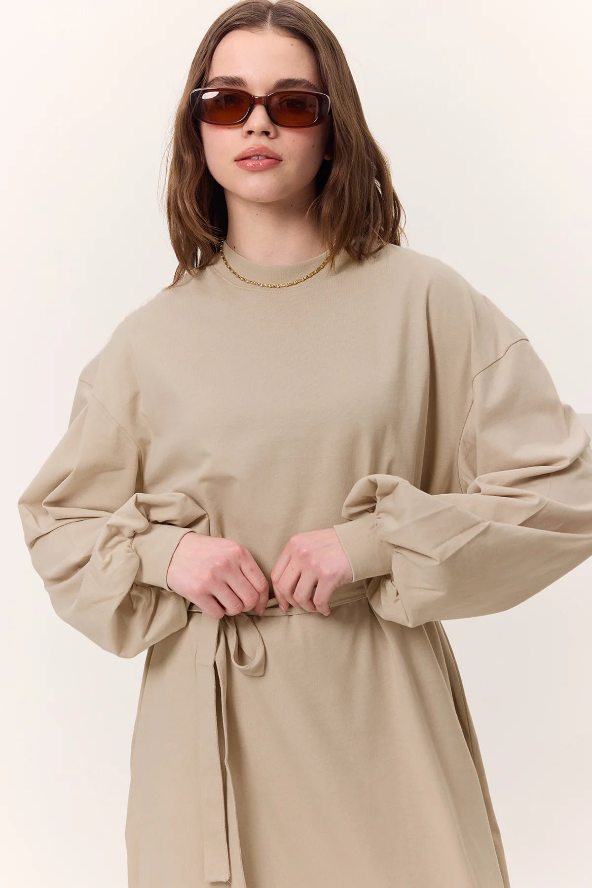 Balloon Sleeve Cotton Dress Stone